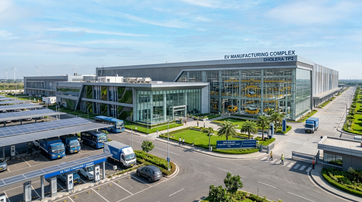 Dholera EV Industrial Hub 2026 electric battery manufacturing plant and charging canopy