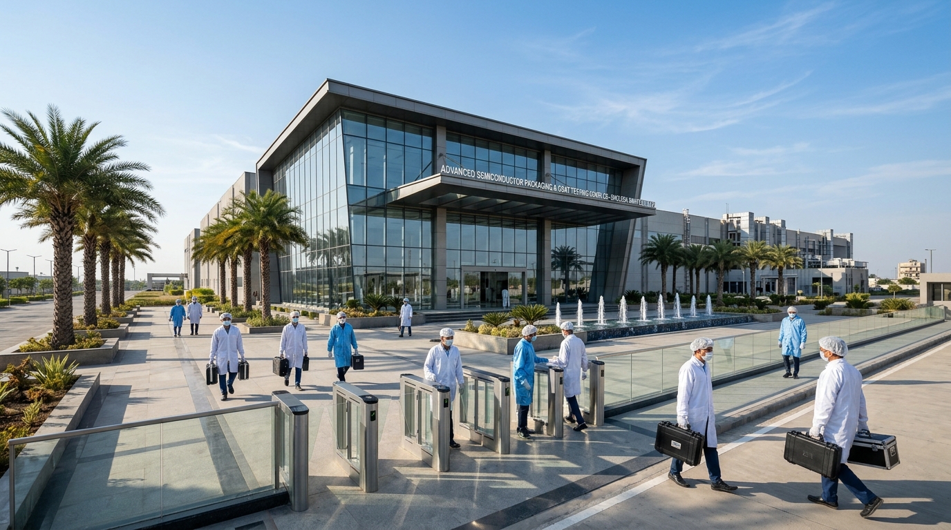 Dholera Semiconductor OSAT Hub 2026 packaging cleanroom entrance and test engineers