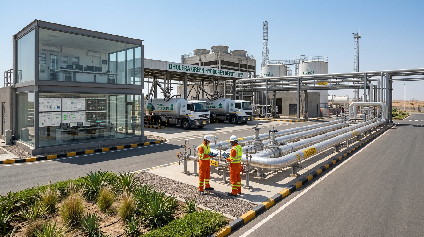 Dholera Green Hydrogen Hub 2026 liquefaction depot and cryogenic tube trailers in TP2