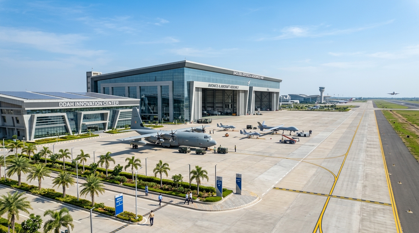 Dholera Defense Aerospace Hub 2026 aircraft assembly hangar and runway apron