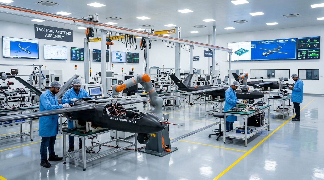 Precision robotic UAV assembly line inside Dholera Defense Aerospace Hub 2026