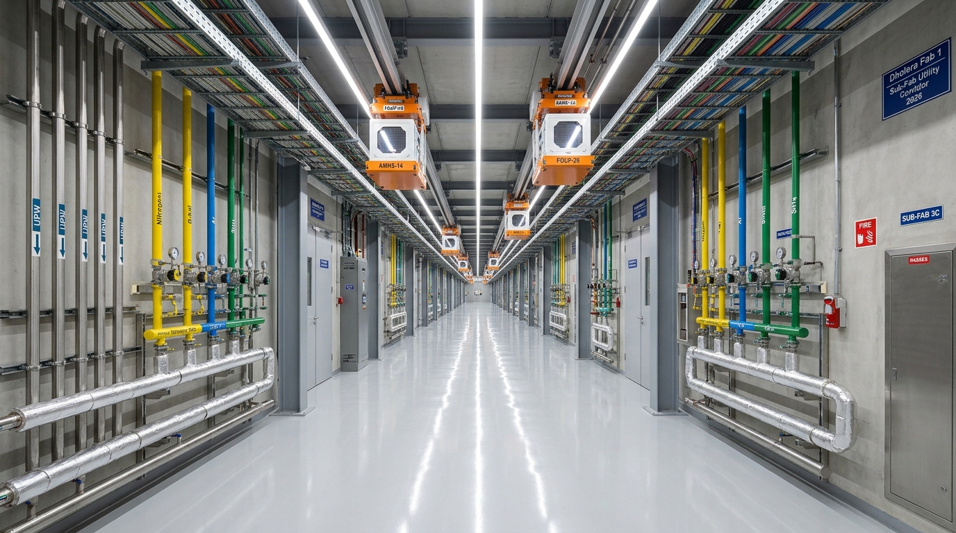 Dholera Semiconductor Mega Fab 2026 sub-fab utility corridor with UPW stainless steel manifolds