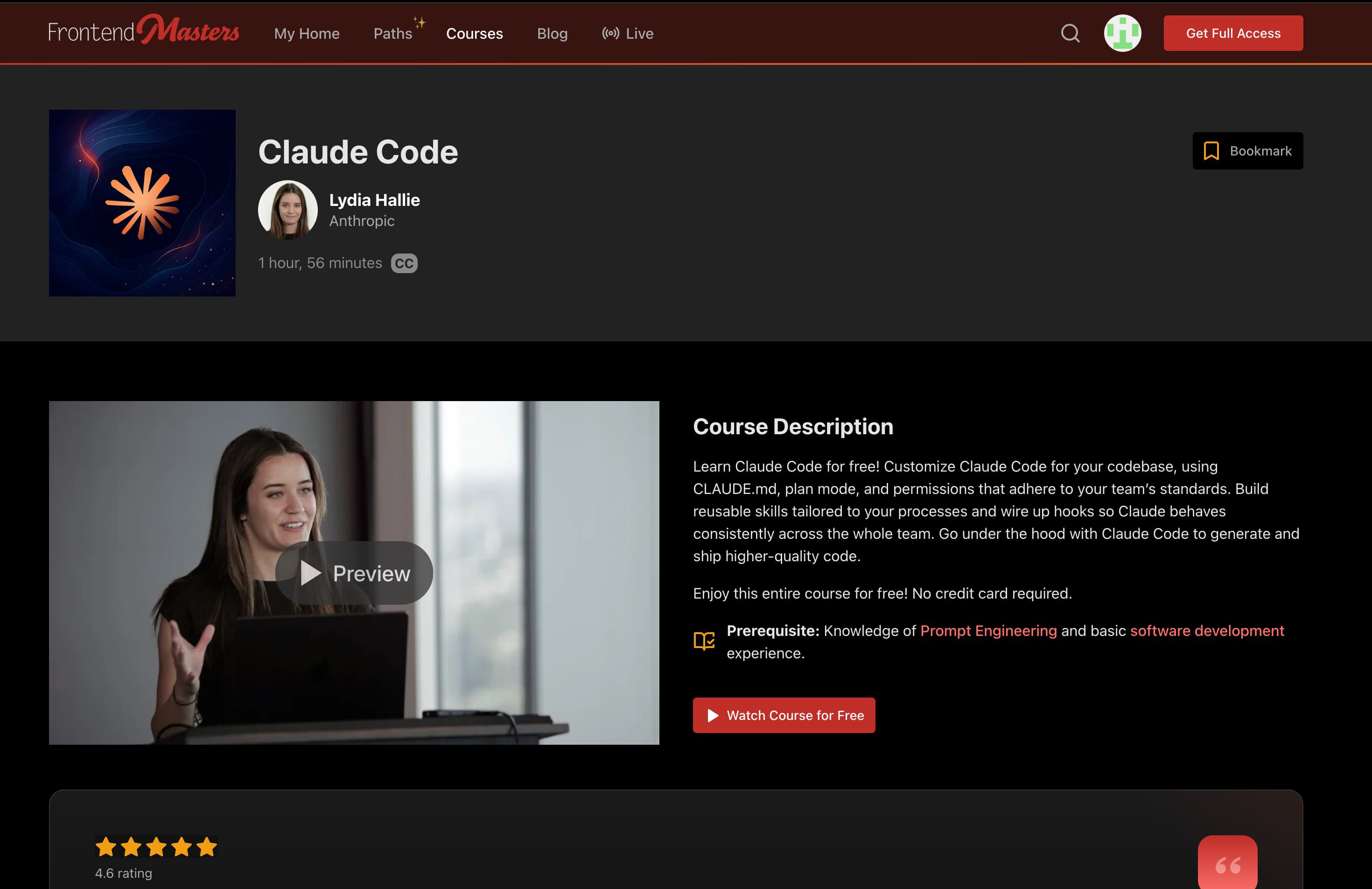 Screenshot of the Frontend Masters course page for Claude Code by Lydia Hallie from Anthropic, showing the course title, instructor photo, a preview video thumbnail, and a Watch Course for Free button. The course is rated 4.6 stars and runs 1 hour 56 minutes.