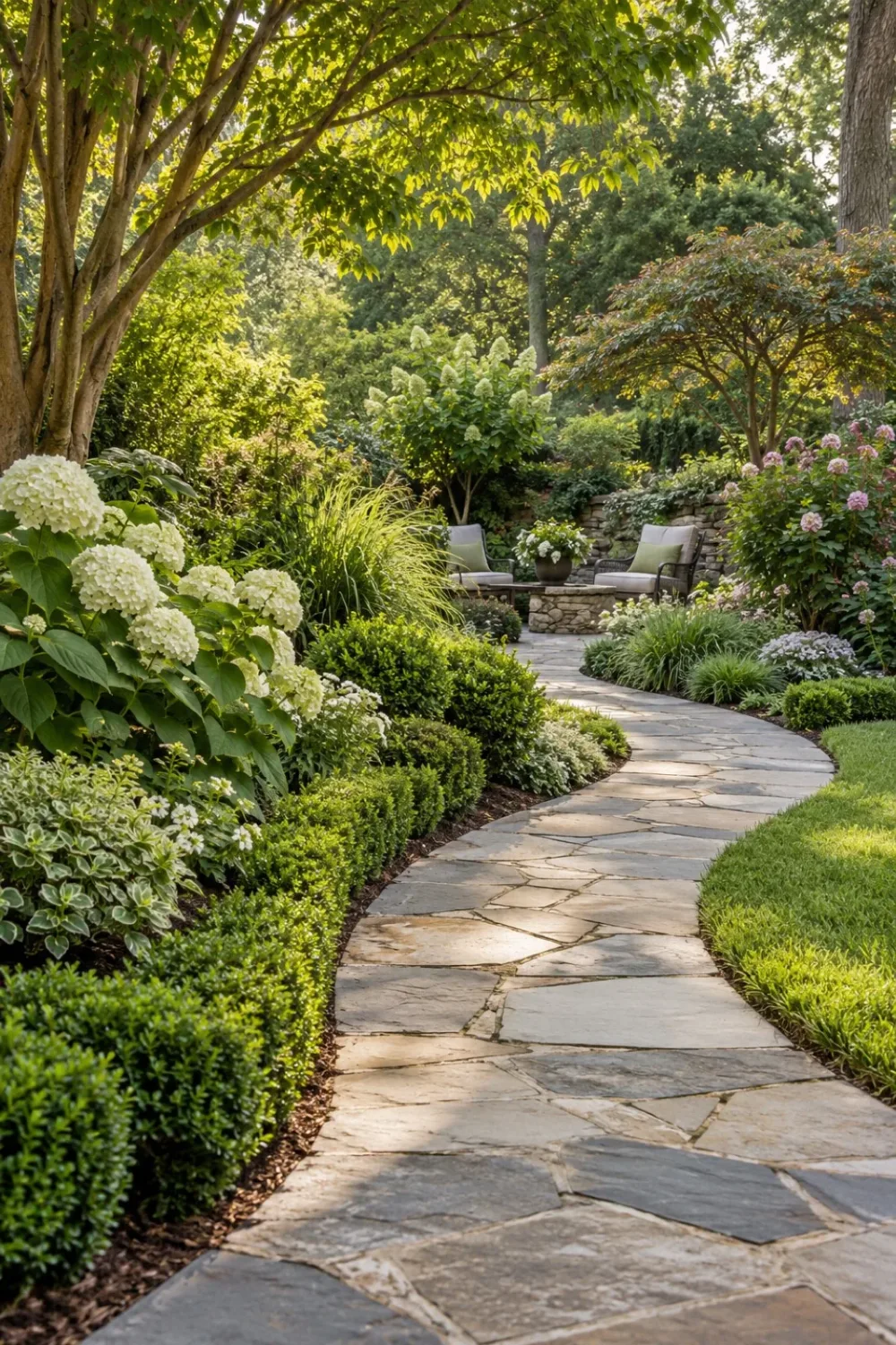 Illustrative curving garden walkway with planting