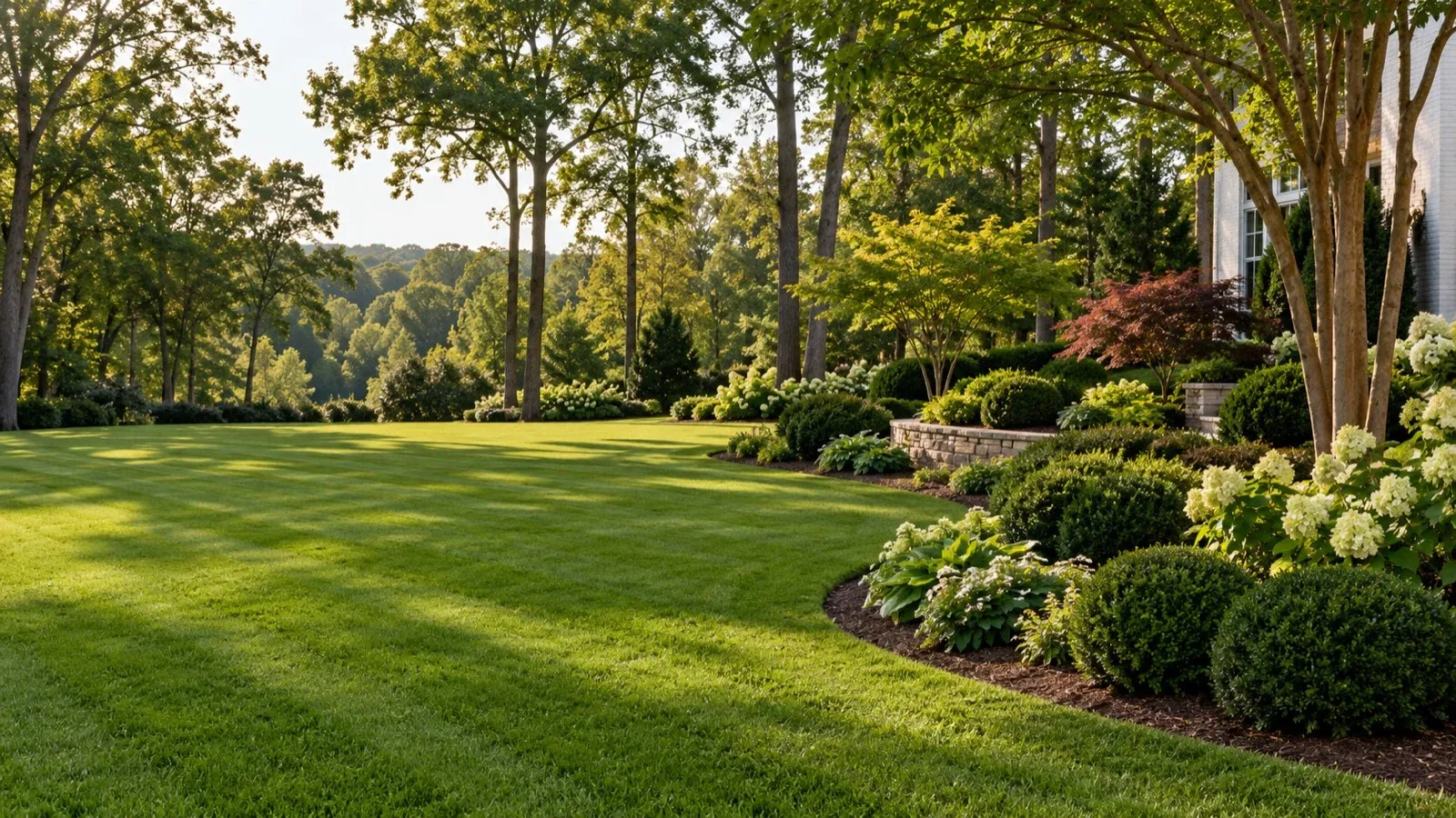 Illustrative landscaped lawn with mature trees and planting beds