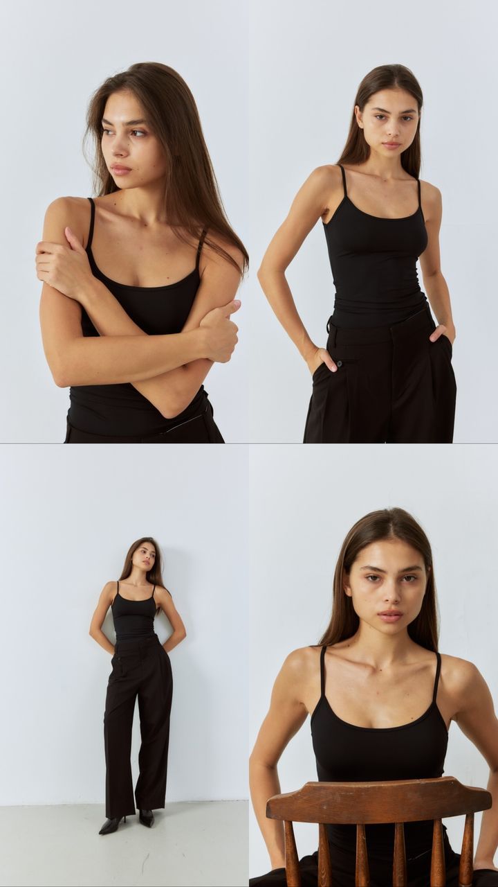 Minimal model sedcard layout with front portrait, profile and full-body frames