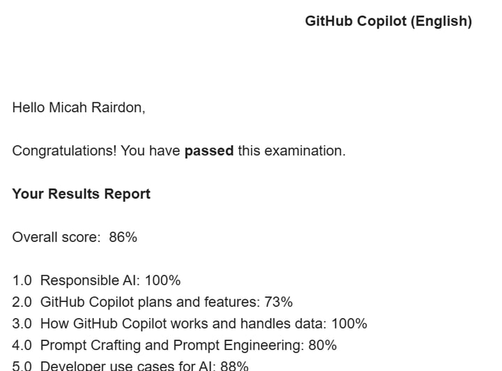 Screenshot of GitHub Copilot certification results, showing an overall score of 86% and individual section scores.