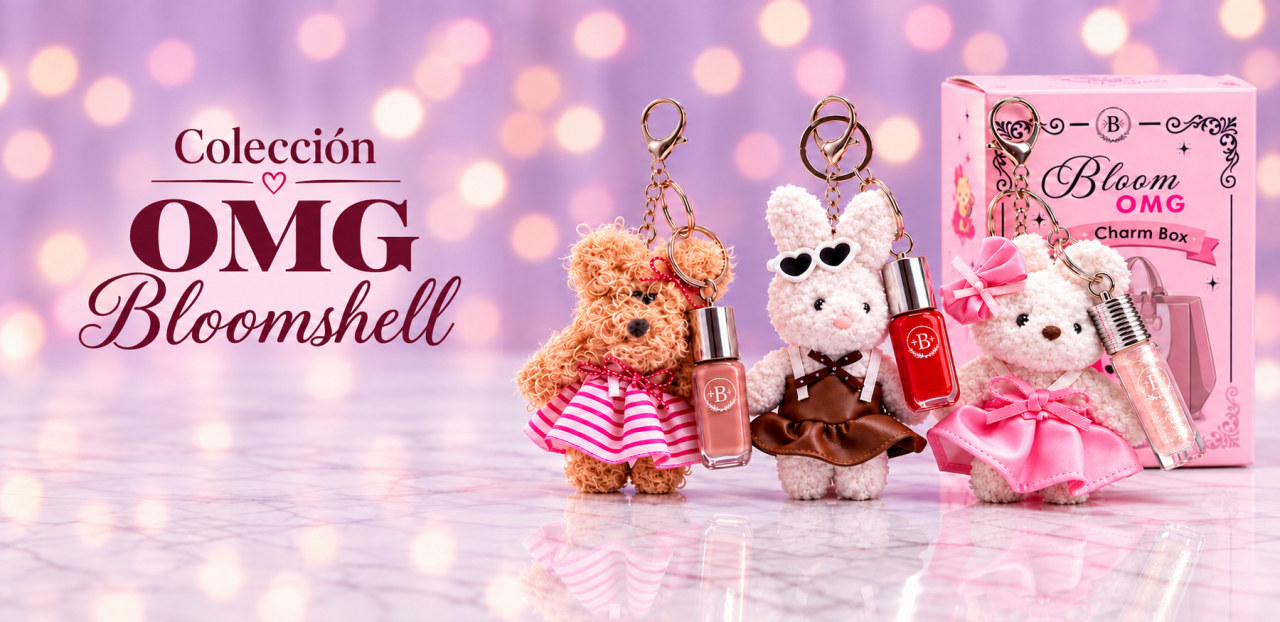 Colección OMG Bloomshell: tres llaveros de peluche con cosméticos y caja Charm Box