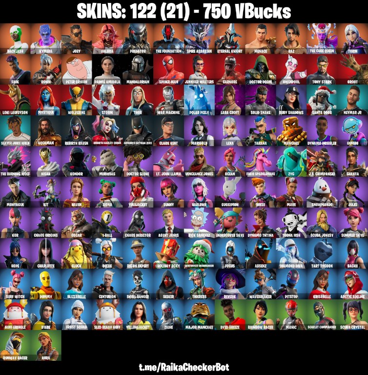 Fortnite Account ( PLAYSTATION / XBOX / PC / MOBILE / NINTENDO ) (LEVIATHAN AXE, BACKLASH, LARA CROFT, SPIDER-MAN, SOLID SNAKE, FADE) (122 Skins)