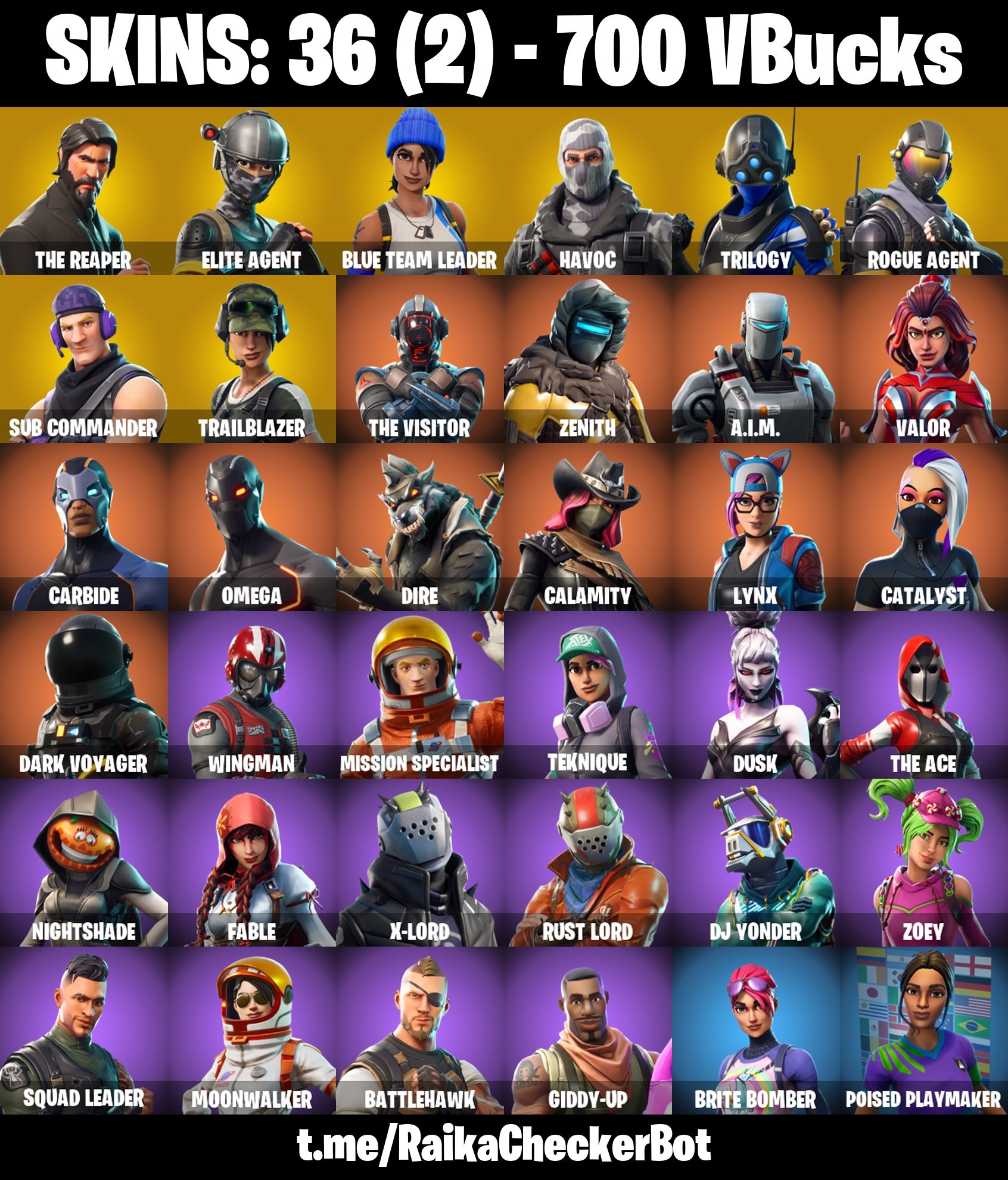 Fortnite Account ( PLAYSTATION / XBOX / PC / MOBILE / NINTENDO ) (The Reaper, Take The L, Havoc, Rogue Agent, Elite Agent, Blue Team Leader) (36 Skins)