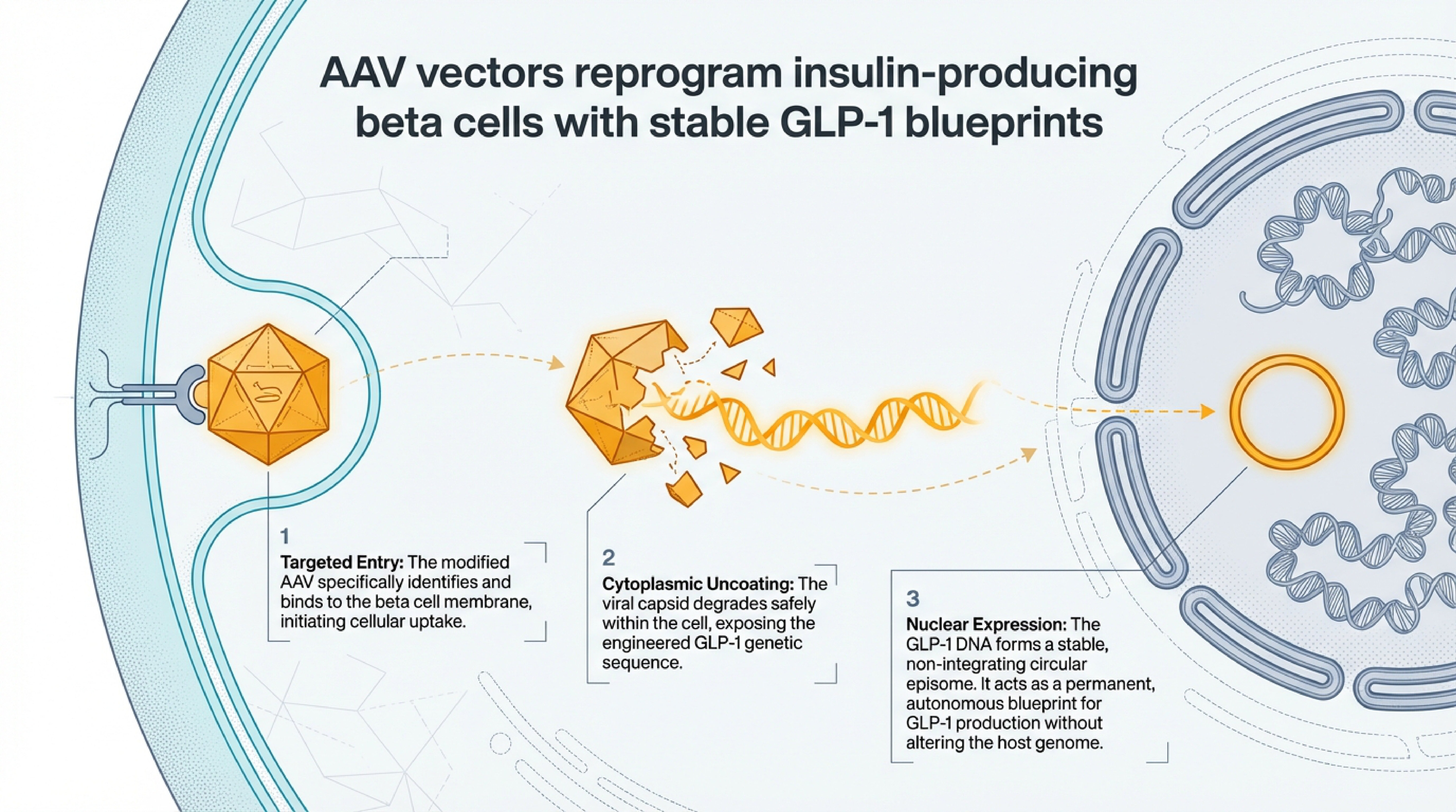 Three-step illustration showing AAV vectors entering a beta cell, uncoating to release GLP-1 DNA, and forming a stable circular episome for permanent expression