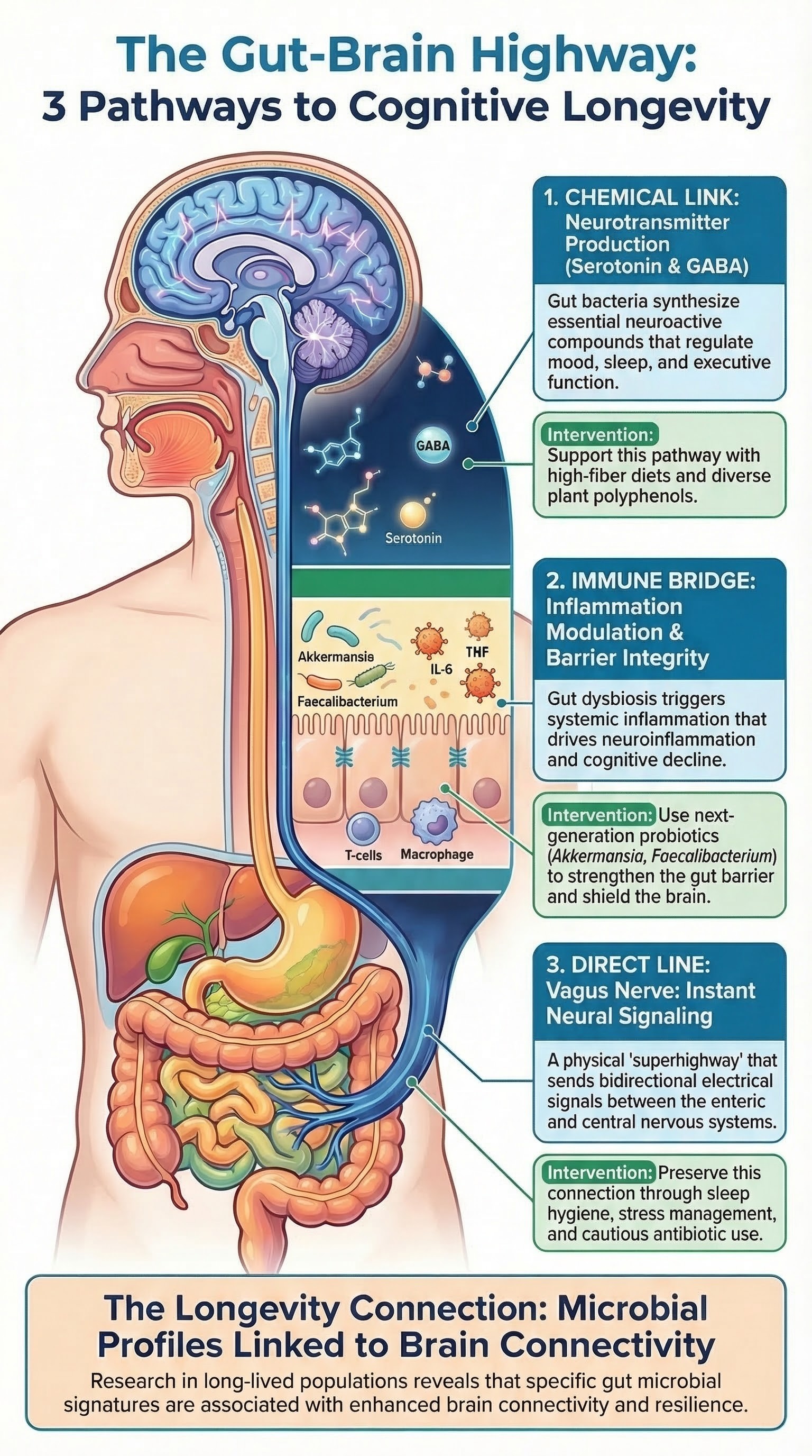 Infographic illustrating the three gut-brain communication pathways: neurotransmitters, immune signaling, and vagus nerve