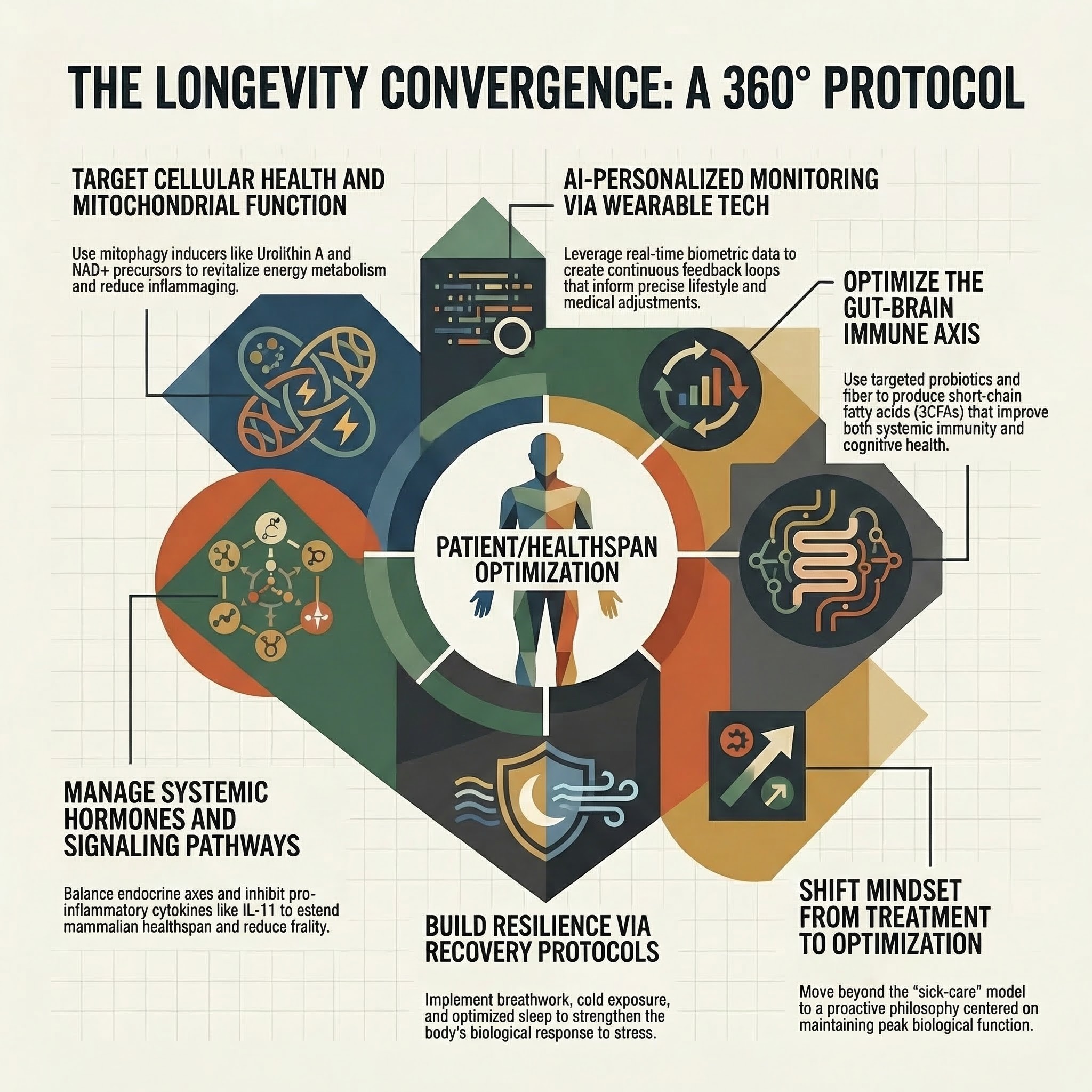 Infographic showing the convergence of six 2026 longevity trends into integrated healthspan optimization