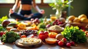 A colorful, inviting spread of whole foods on a rustic wooden table, including a variety of fruits, vegetables, whole grains, and lean proteins.