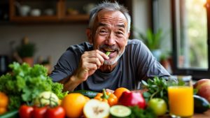 Nutrient-Dense Foods With energy rays around them being enjoyed by a middle aged man