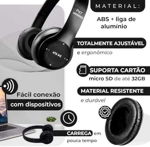 Fone de Ouvido Bluetooth P 47 | Headphone Sem Fio Premium com Microfone 5 Fone de Ouvido Bluetooth P 47 | Headphone Sem Fio Premium com Microfone - Imagem 5