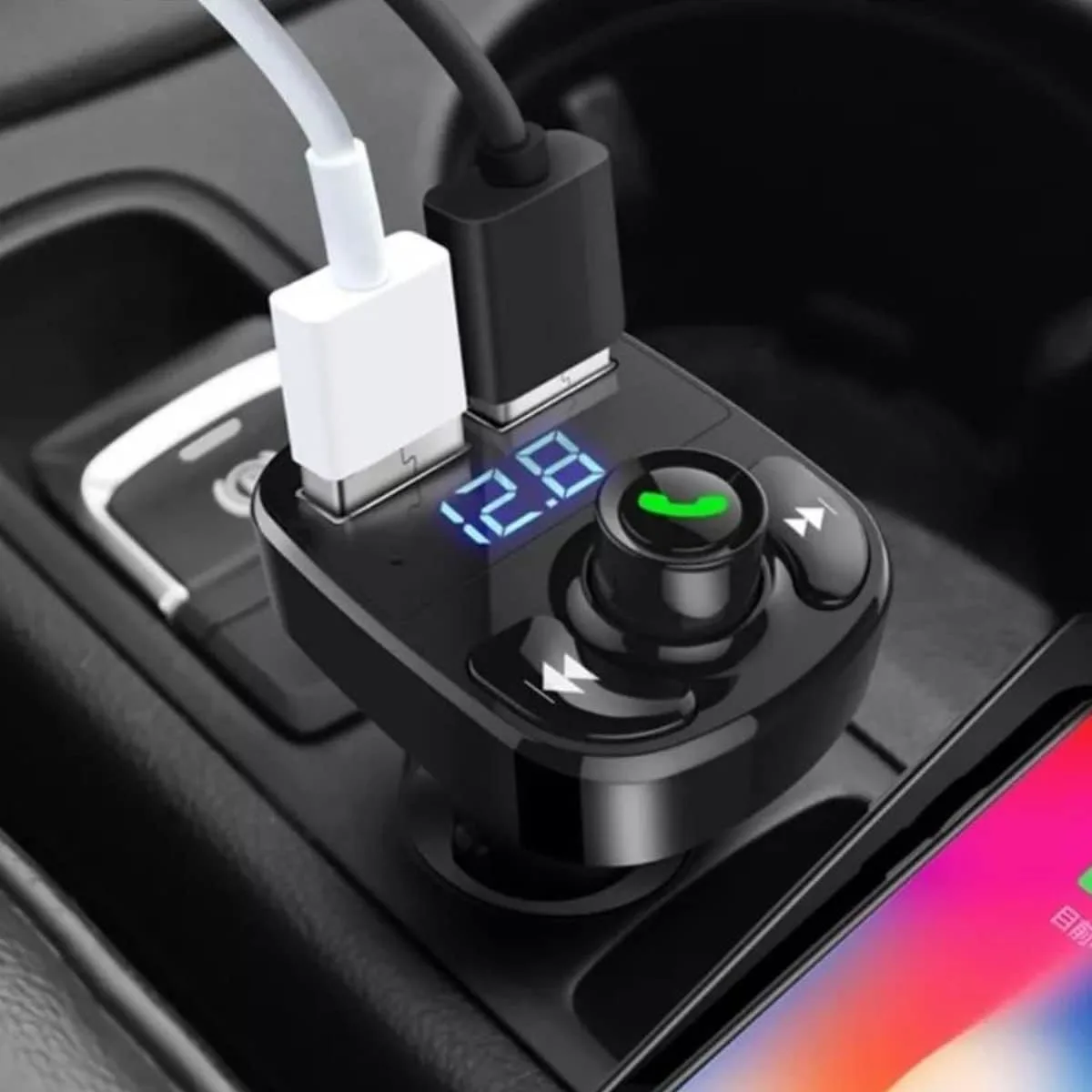 Transmissor Bluetooth Veicular FM Carregador de Celular 4 Carregador de Celular para Carros Transmissor de Som Automotivo