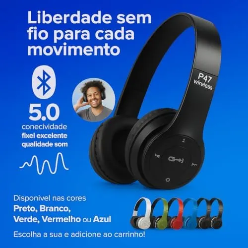 Fone de Ouvido Bluetooth P 47 | Headphone Sem Fio Premium com Microfone 2 Fone de Ouvido Bluetooth P 47 | Headphone Sem Fio Premium com Microfone - Imagem 2
