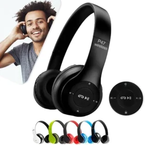 Fone de Ouvido Bluetooth P 47 preto, modelo over-ear sem fio, mostrado em sua posição fechada com haste recolhida