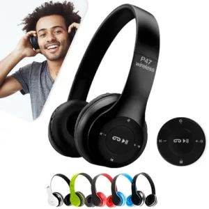Fone de Ouvido Bluetooth P 47 preto, modelo over-ear sem fio, mostrado em sua posição fechada com haste recolhida