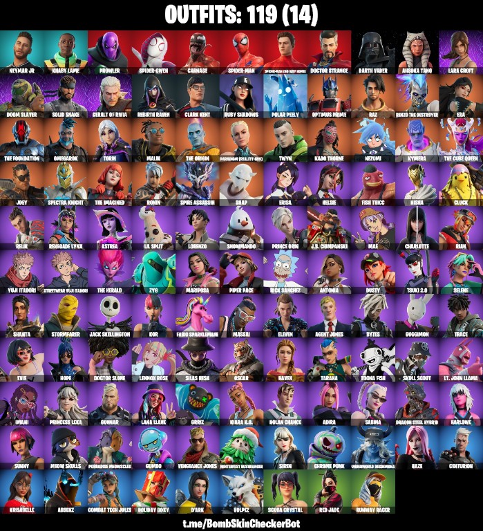 Fortnite Account ( PLAYSTATION / XBOX / PC / MOBILE / NINTENDO ) (Lara Croft, Spider Gwen, Darth Vader) (119 Skins)