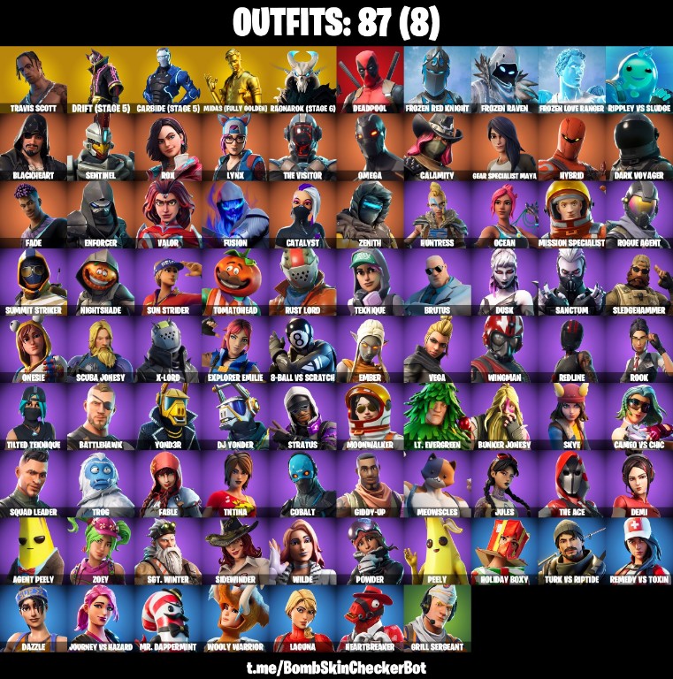 Fortnite Account ( PLAYSTATION / XBOX / PC / MOBILE / NINTENDO ) (Travis Scott, Take The L, Omega, Full Carbide, Golden Midas, Deadpool, Rogue Agent, Wingman, Travis Scotts Emote) (87 Skins)