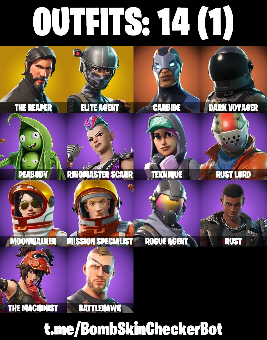 Fortnite Account ( PC / PLAYSTATION / XBOX / MOBILE / NINTENDO ) The Reaper, Elite Agent, Take The L, Rogue Agent, Take The Elf, Reaper Skull, Reapers Back (14 Skins)