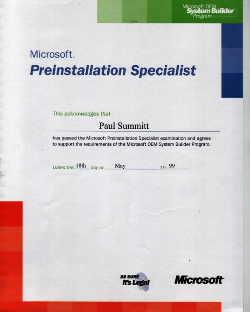 Microsoft NT4 Preinstallation Specialist