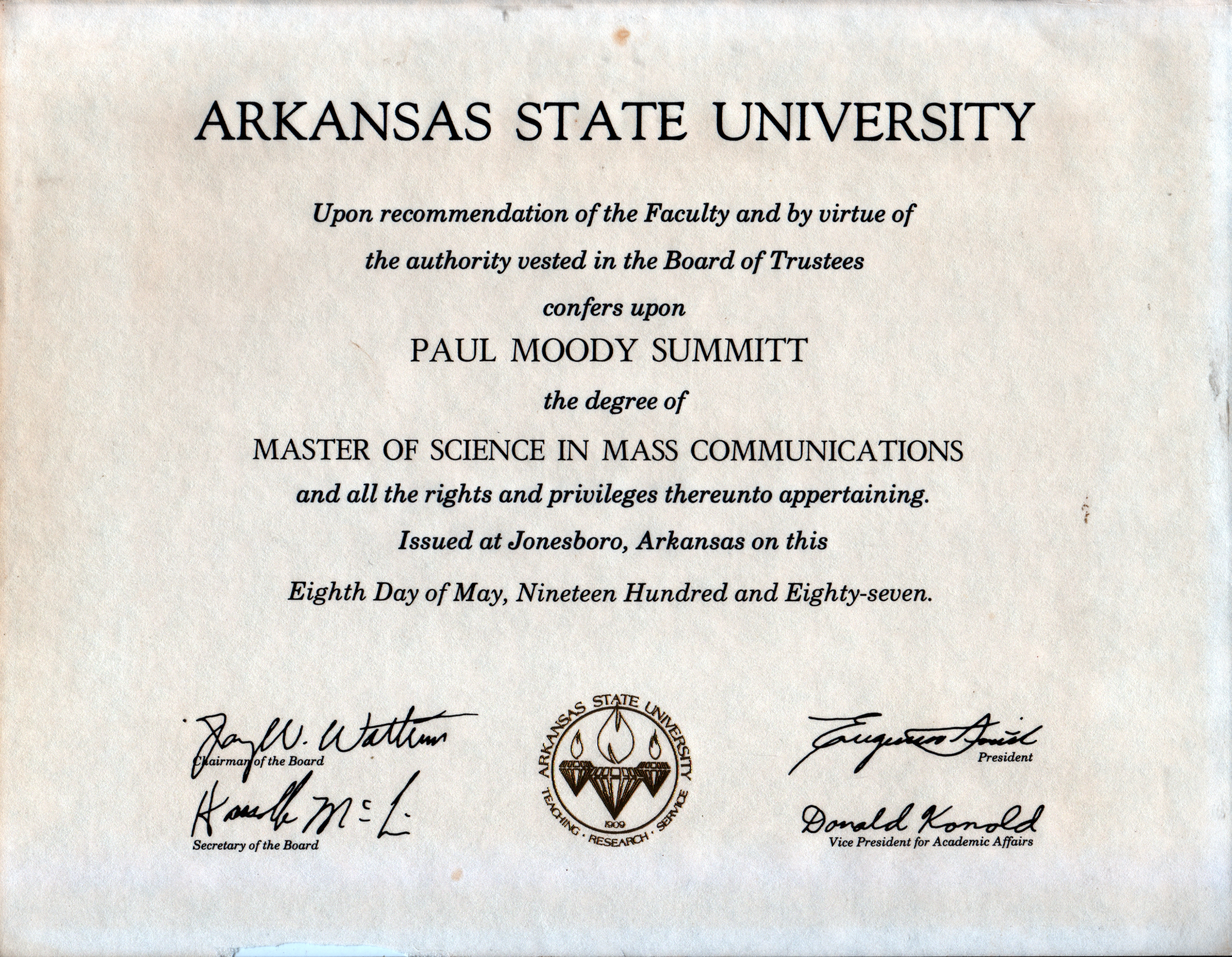 Master of Science in Mass Communication 1987