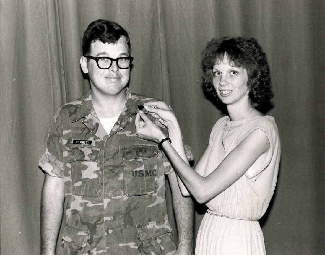 Dawn pinning my Sargent stripes on me - 1981