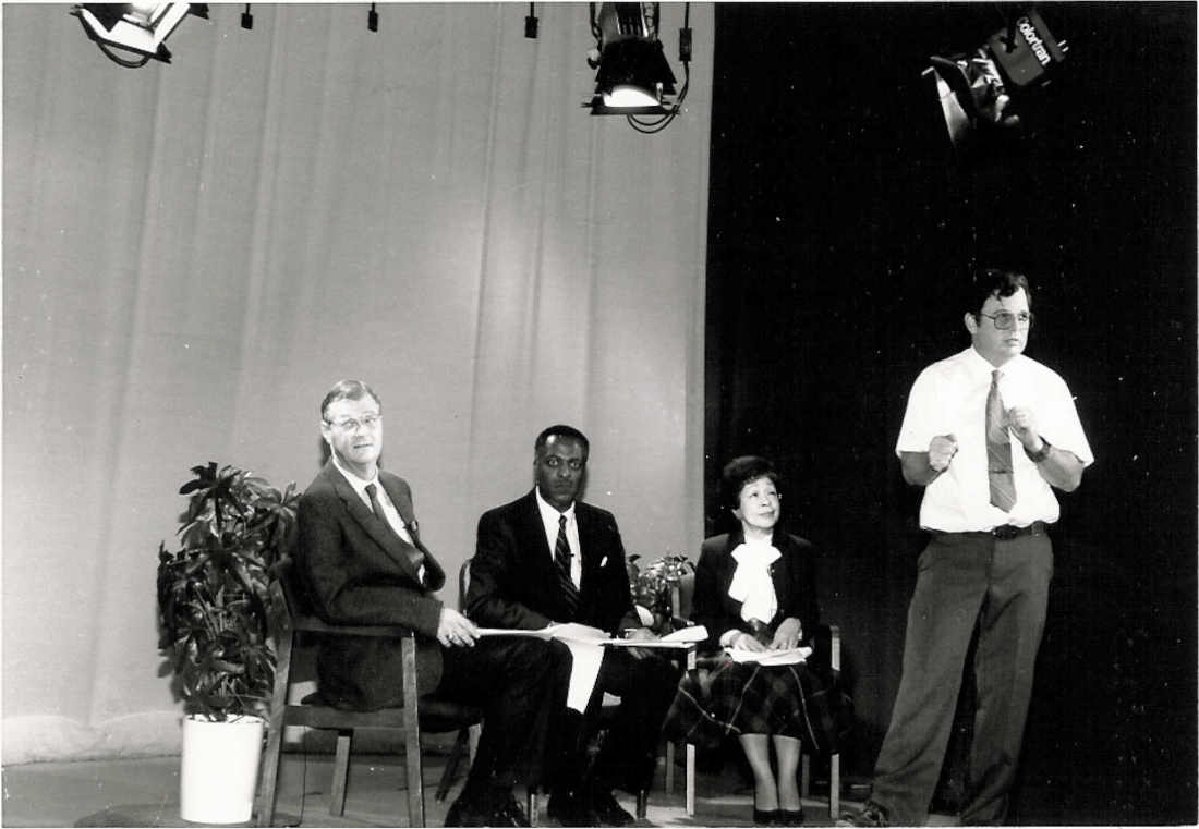 Me talking with guests and crew before TV program for Lincoln University - 1991