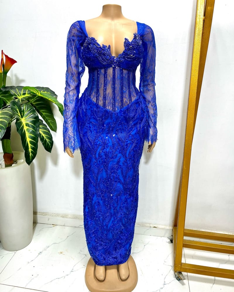 Teni- Royal Blue Beaded Lace Dress for Women  Long Sleeve Illusion Corset  Gown, African Formal Wear, Elegant Evening Dress | ChyAzozie Inspired.  Premium Ready to wear and Custom Dresses for Special Occasions