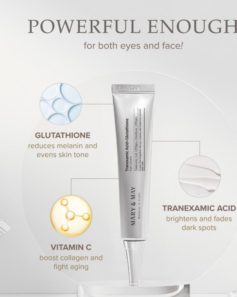 mary & may tranexamic acid glutathione eye cream product information + Glutathion 000 ppm of tranexamic acid and glutathione Mary&May Tranexamic Acid+Glutathione Eye Cream