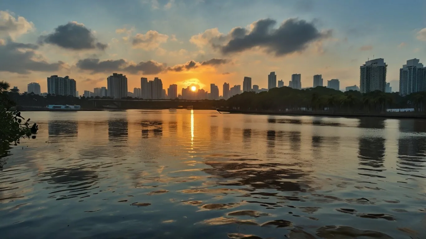 Sunset cityscape of Vietnam with water reflection