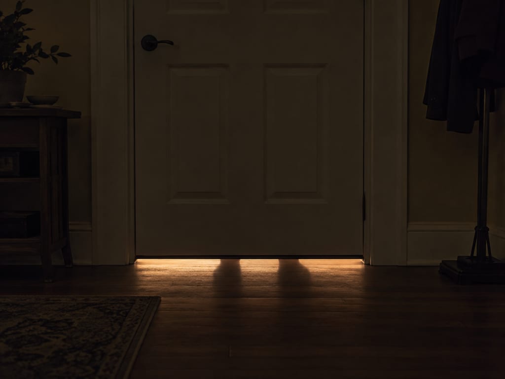A small apartment entryway in the evening with keys on a table and warm lamp light