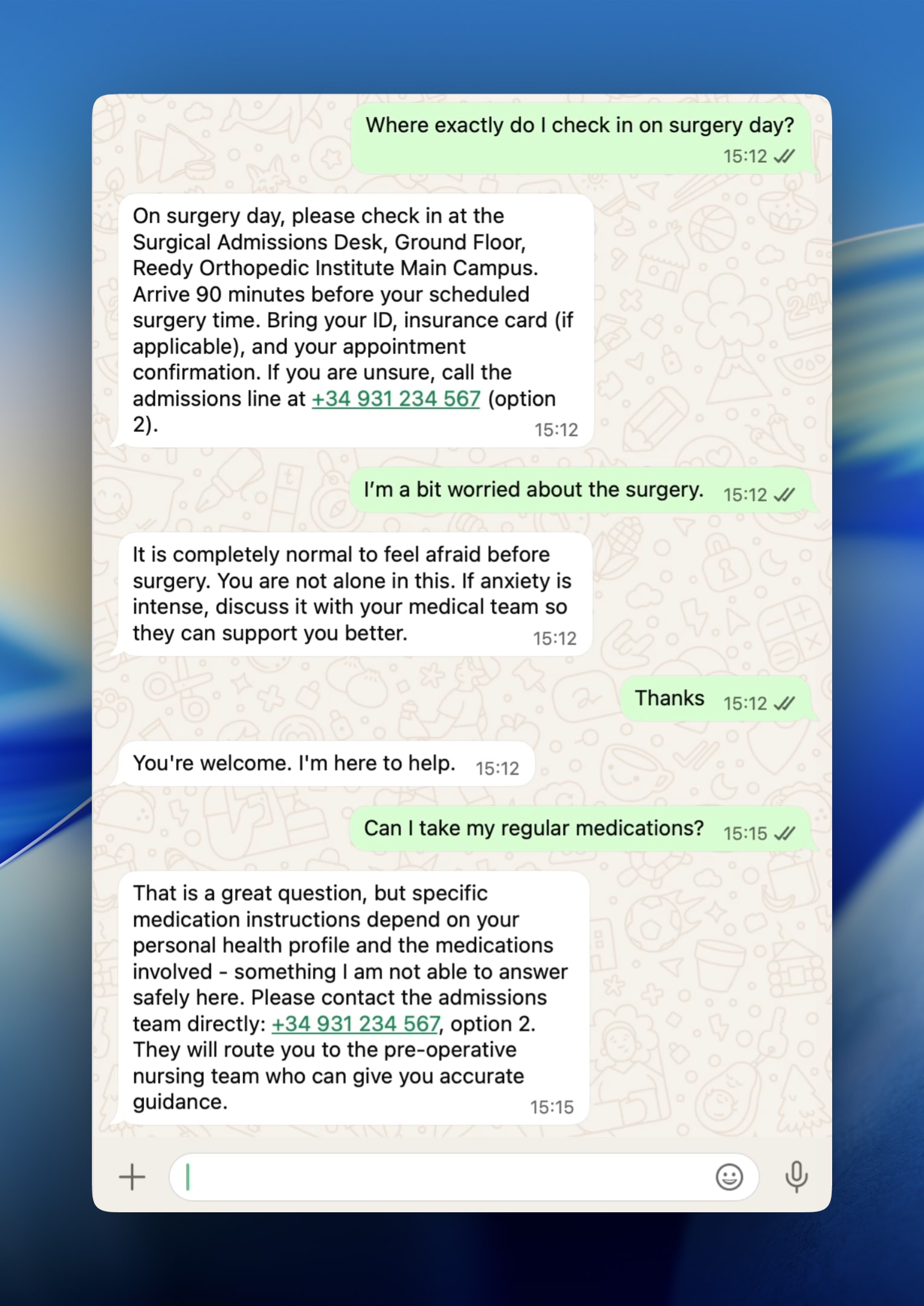 WhatsApp screenshot: assistant refuses unsafe medication advice and hands off to admissions at +34 931 234 567