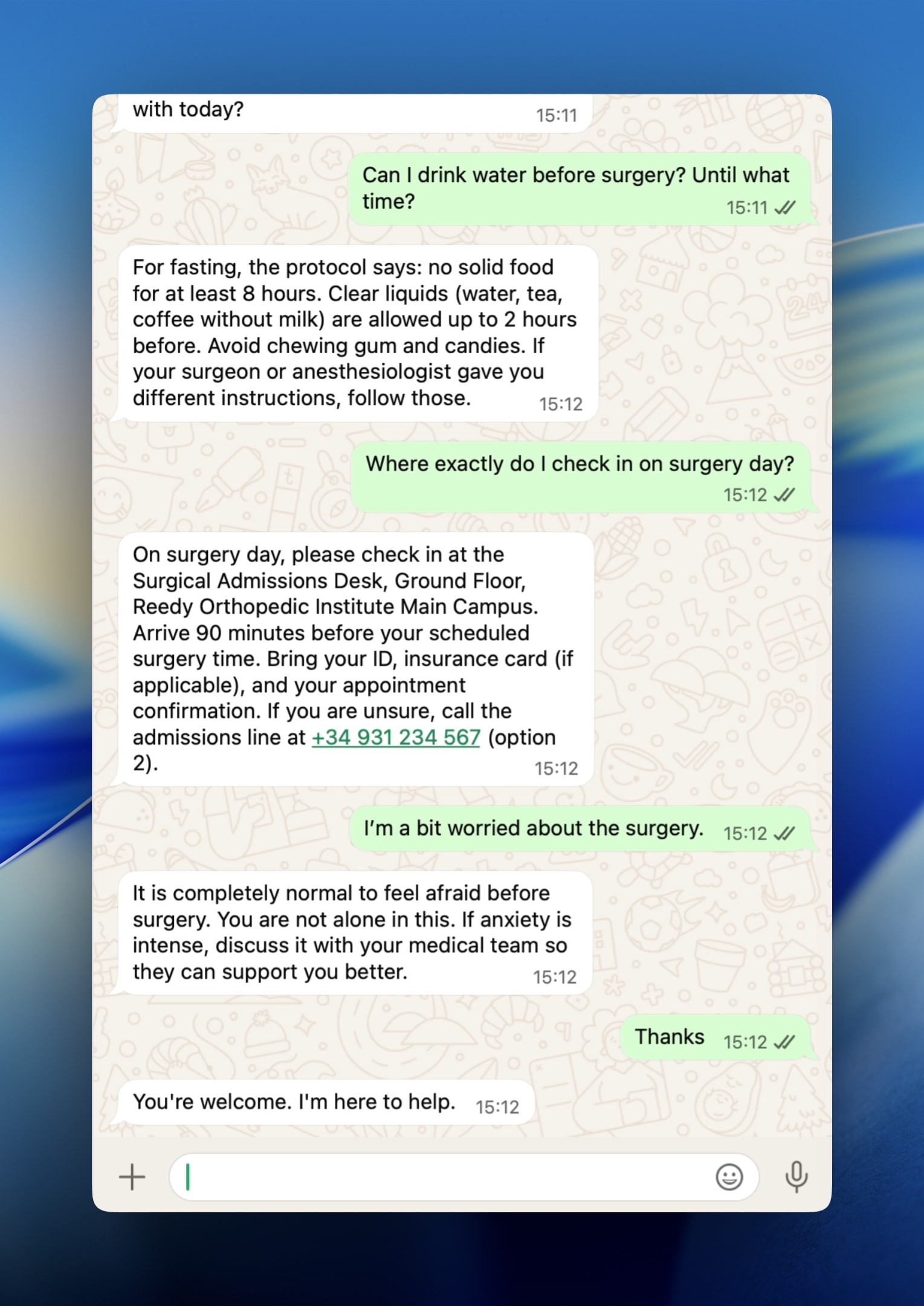 WhatsApp screenshot: pre-operative assistant answers fasting rules, check-in at Reedy Orthopedic Institute, and anxiety before surgery