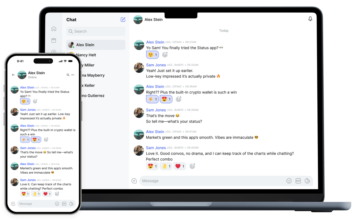 Status app showing wallet and messenger on devices