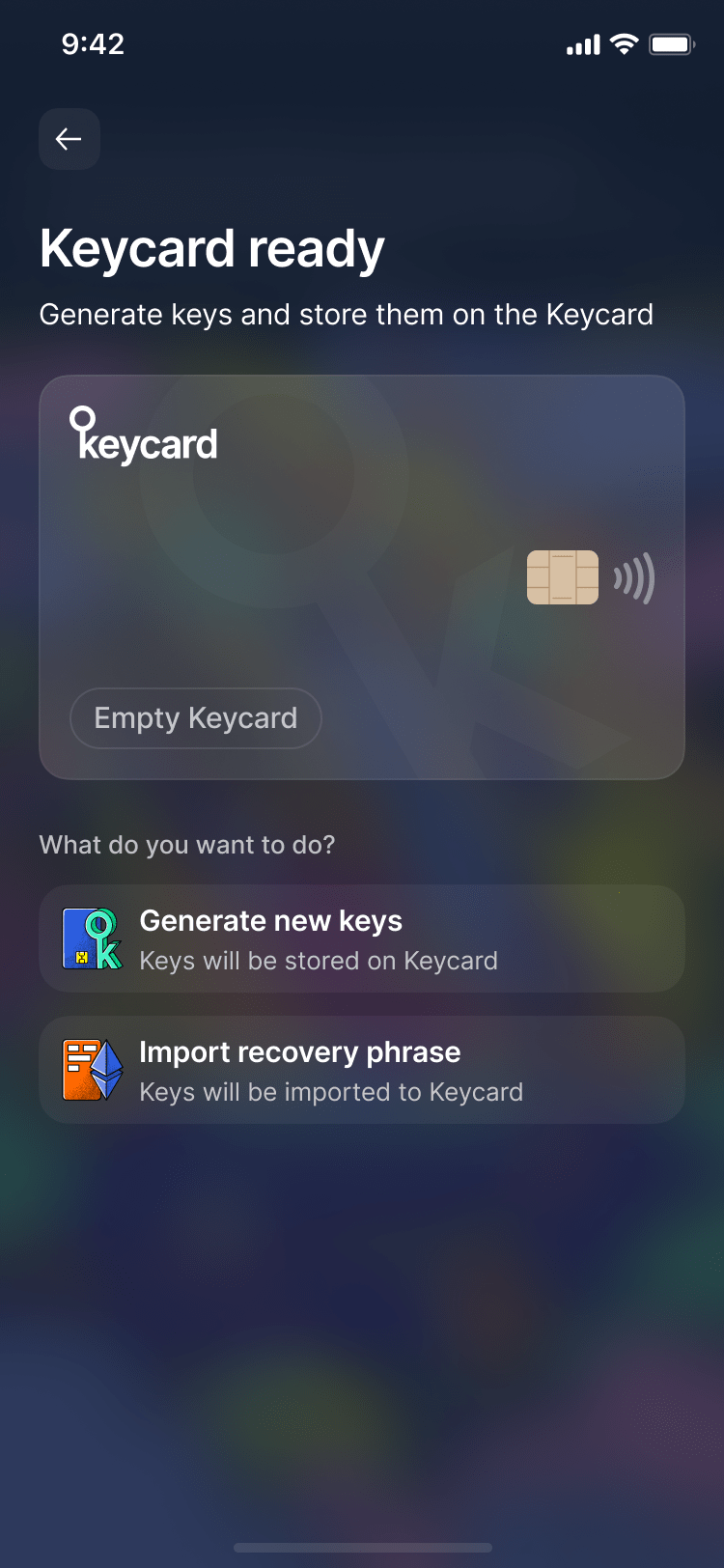 Mobile app screenshot showing how the keycard feature works: the user can protect their assets using the Status wallet, knowing that keys never actually leave their Keycard