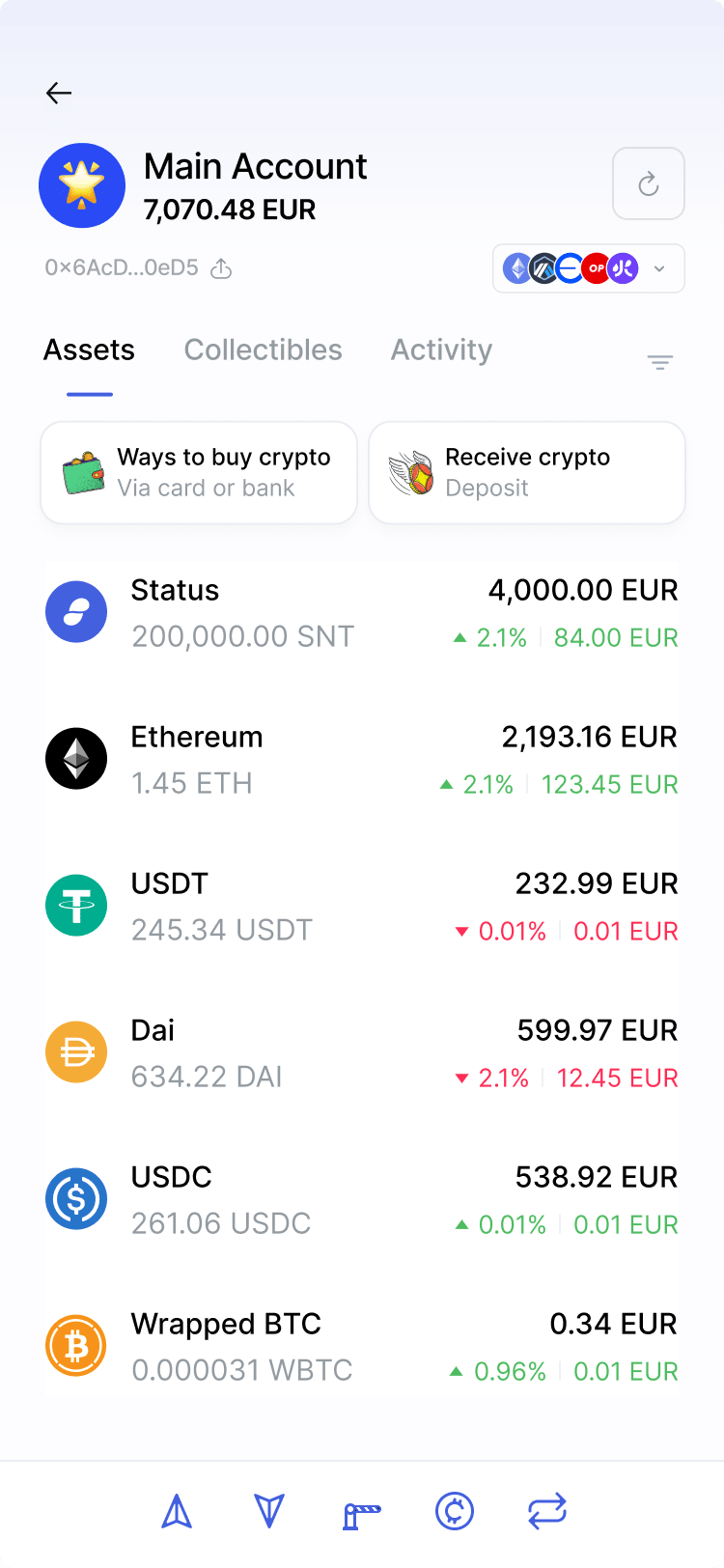 Mobile app screenshot showing the wallet feature included in the Status app