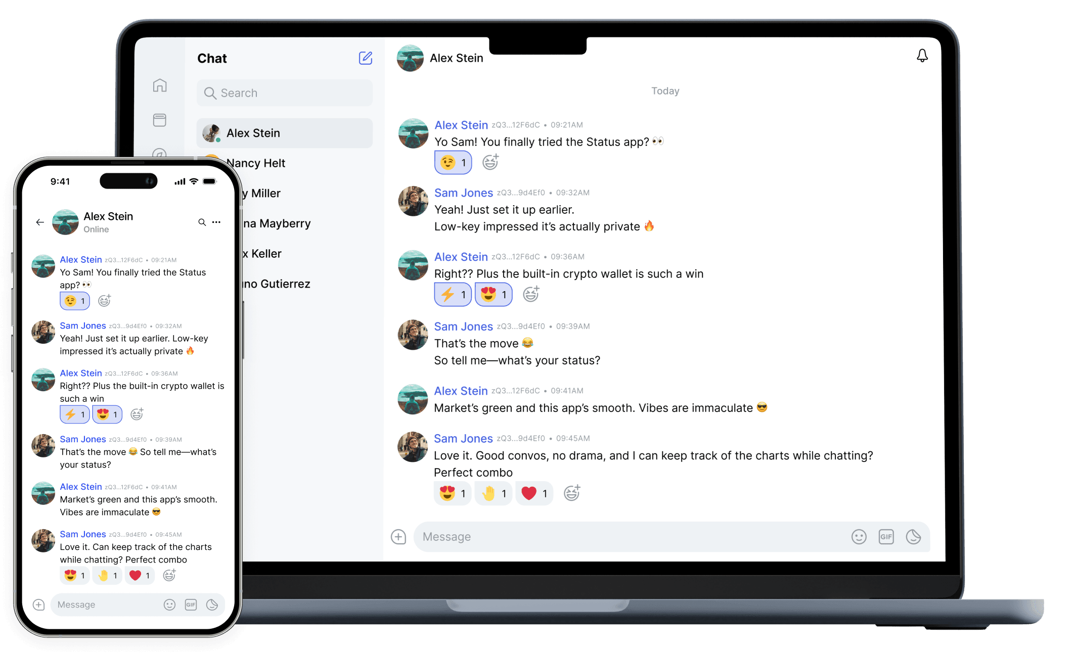 Status app showing wallet and messenger on devices