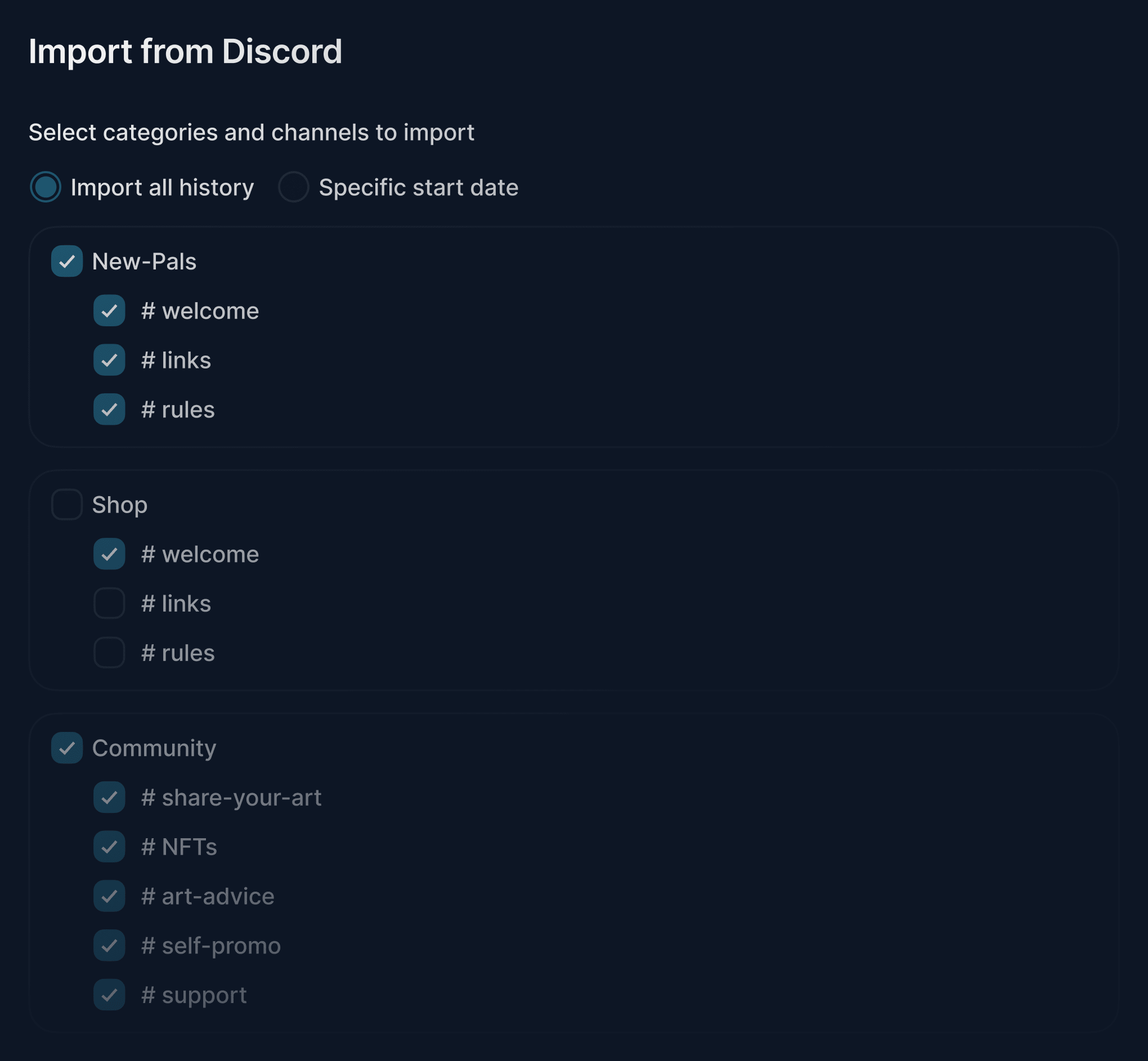 Screenshot showing the possibility to import all message history and data from a previously existent Discord server to the app