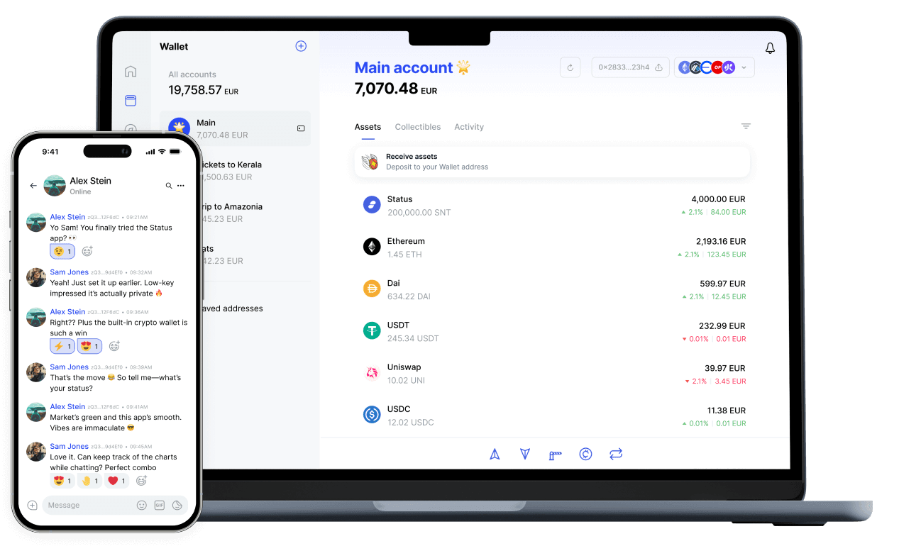 Status app showing wallet and messenger on devices