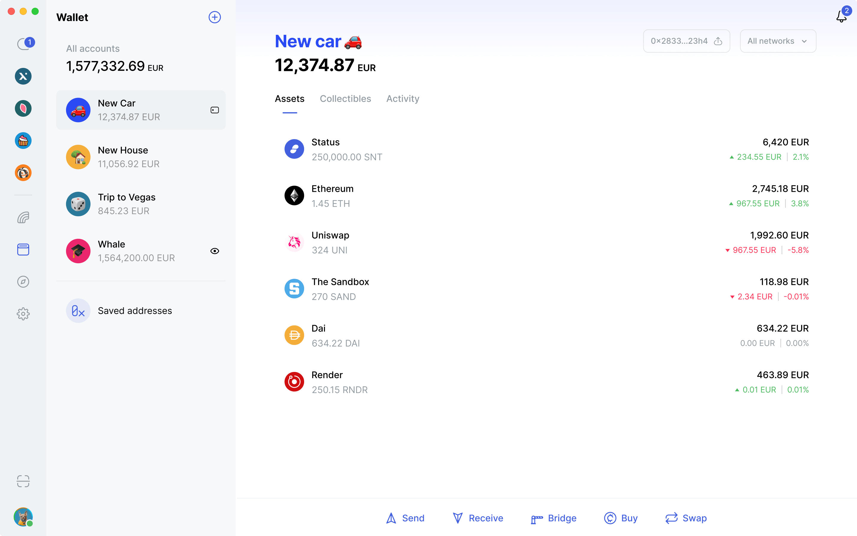 Desktop screenshot showing the wallet feature included in the Status app