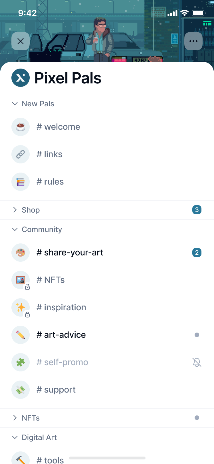 Mobile app screen showing a Status Community with token gated channels
