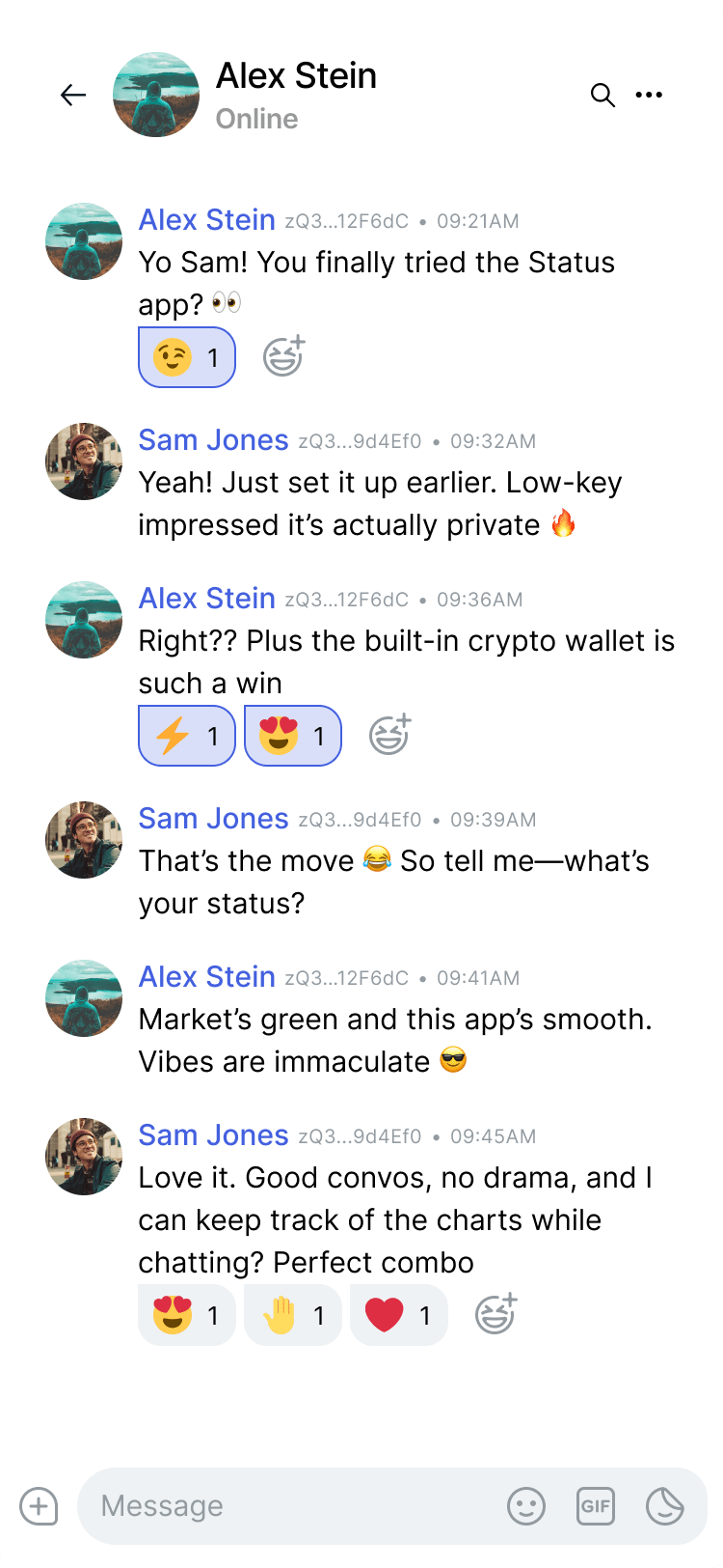 Mobile app screenshot showing the messenger feature included in the Status app