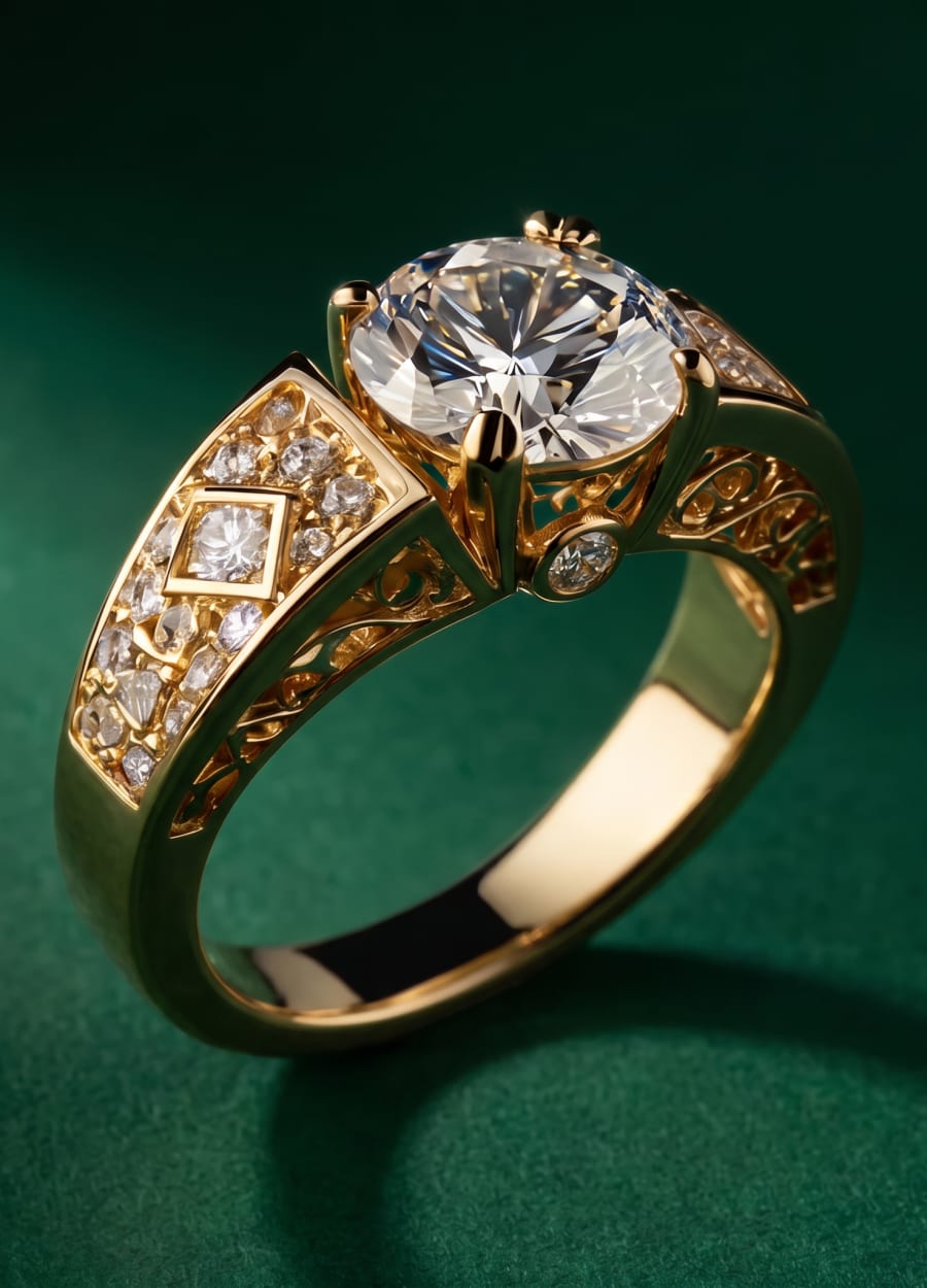 Gold ring with a large diamond on deep green