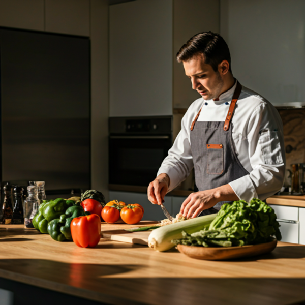 Professional chef preparing fresh ingredients in a sunlight kitchen