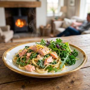 Creamy Salmon Pasta with Mixed Greens Recipe - Easy & Del...