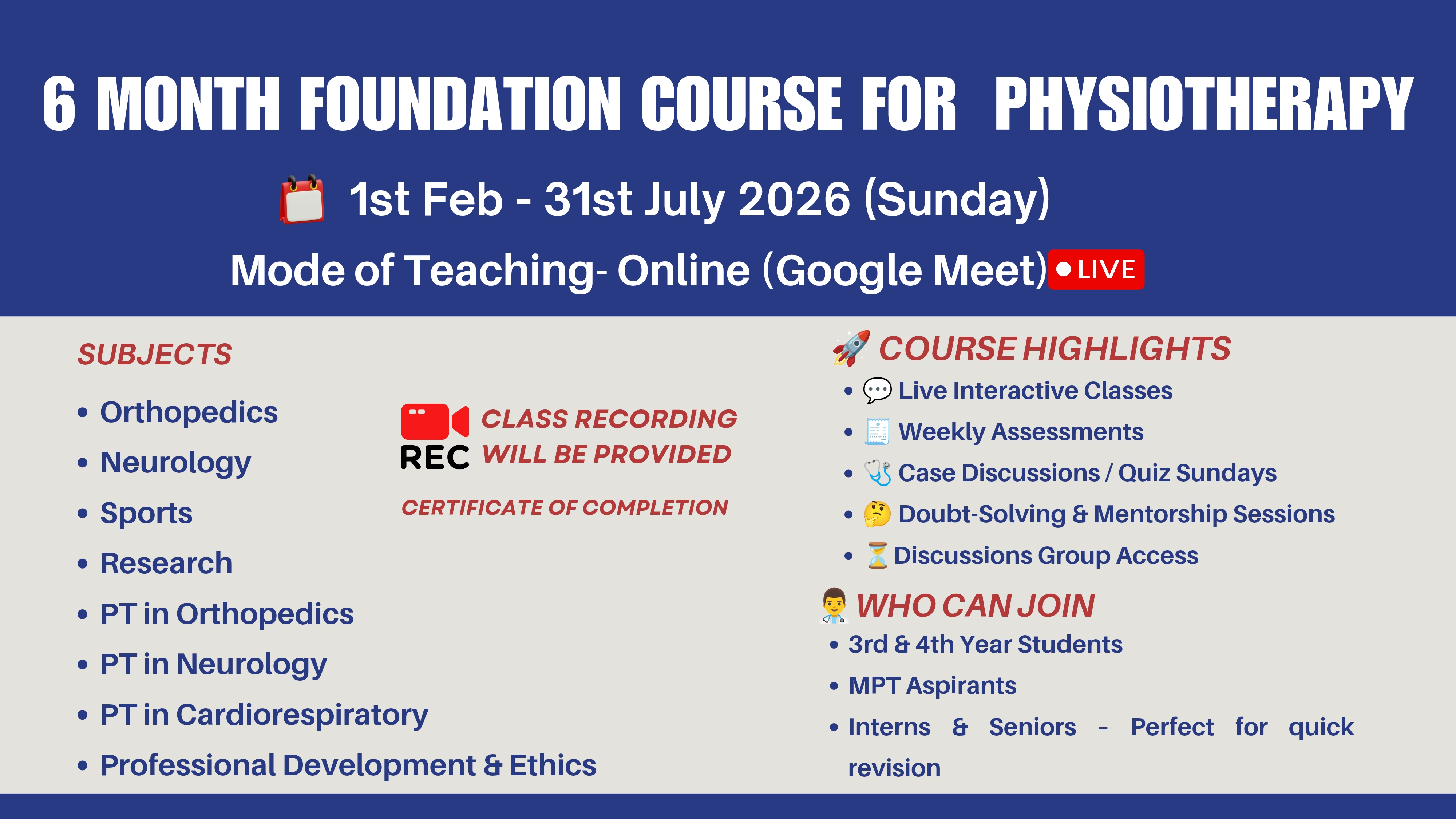 6 Months Foundation cousre for Physiotherapy 